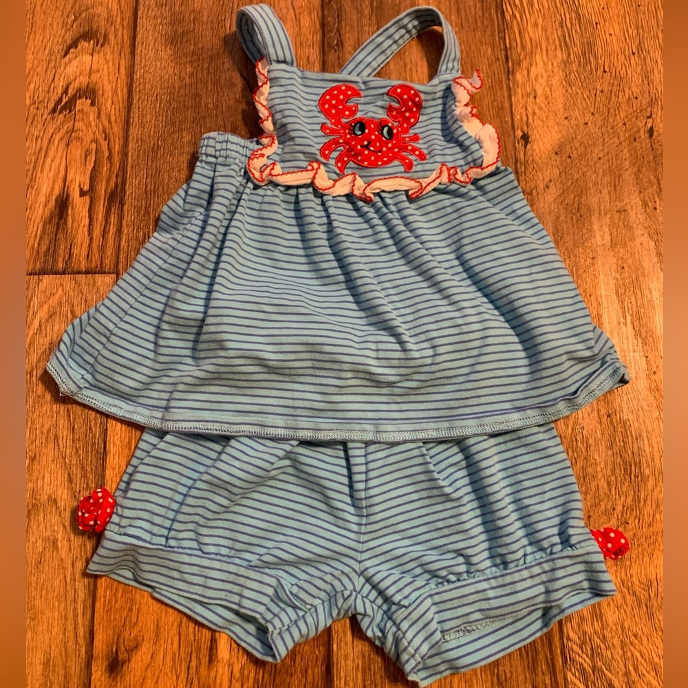 Blue Striped Kids Set w/ Crab Embroidery  - girls Size: 5